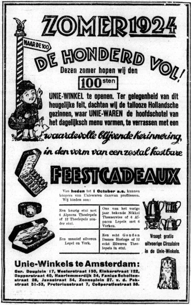 Afbeelding uit: april 1924. Advertentie voor Unie-winkels. Het Volk, 16 april 1924.