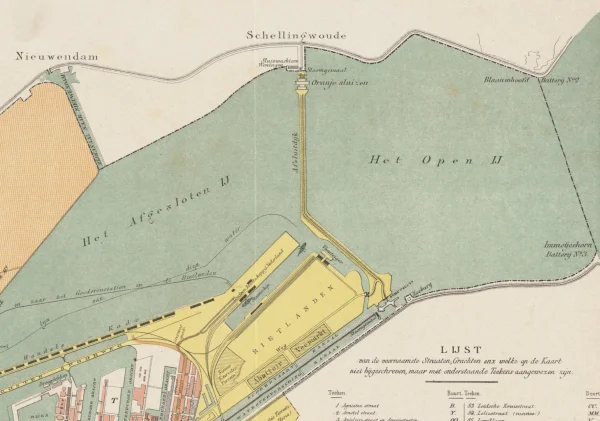 Afbeelding uit: 1880. De oorspronkelijke situatie van de sluizen, vóór de aanleg van Zeeburg en het Merwedekanaal. (uitsnede)
Bron afbeelding: SAA, bestand KOKA00502000001.