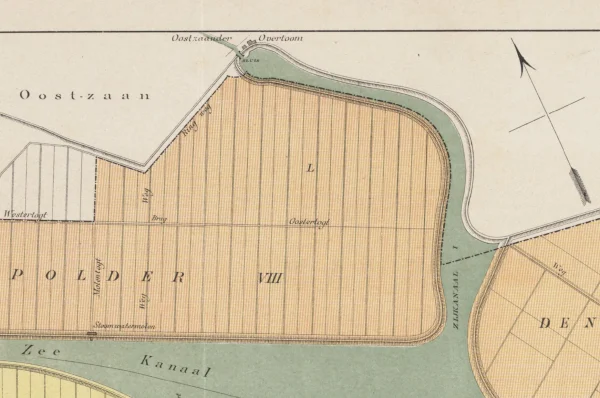 Afbeelding uit: 1880. De situatie na de inpoldering van de Noorder IJpolder (1877). Midden-boven is de sluis, bij de Oostzaner Overtoom.
Bron afbeelding: SAA, bestand KOKA00502000001.