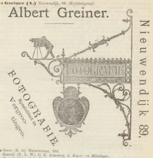 Afbeelding uit: 1894. Advertentie van Greiner in het stedelijk adresboek van 1894-1895.