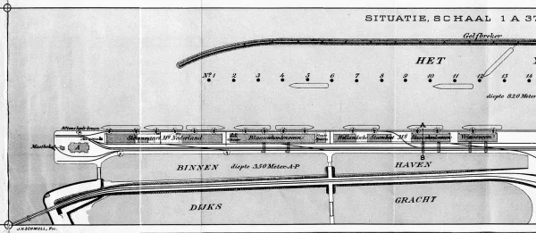 Afbeelding uit: 1893. Situatie in 1892. De grote pakhuizen zijn gereed.
Bron afbeelding: SAA, bestand 010056915546.