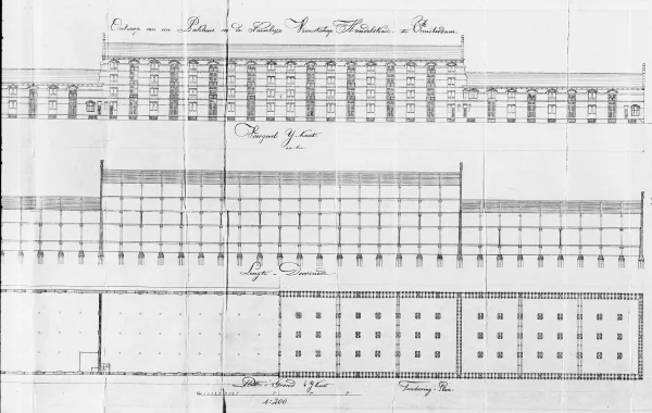 Afbeelding uit: 1883. "Ontwerp van een pakhuis van de Naamloze Vennootschap Handelskade te Amsterdam"
Bron afbeelding: SAA, bestand 5221BT905758.