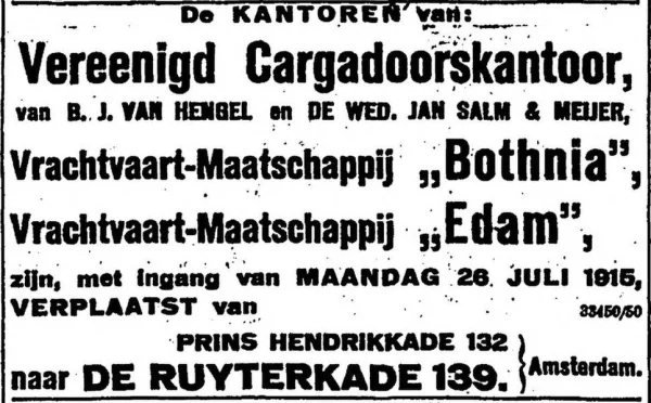 Afbeelding uit: juli 1915. Verhuisbericht in de Nieuwe Rotterdamsche Courant.