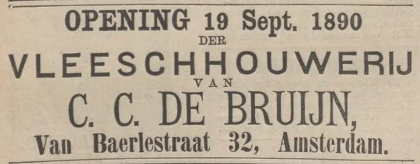 Afbeelding uit: september 1890. Advertentie in Het Nieuws van den Dag, op de dag van de opening van de slagerij.