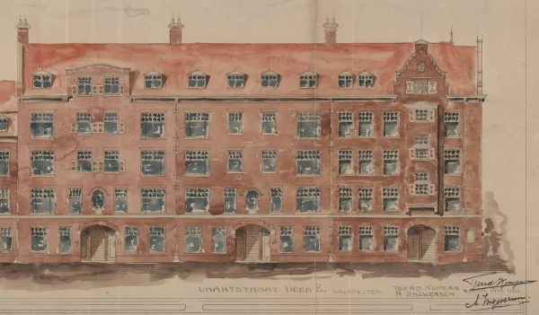 Afbeelding uit: januari 1912. Gevel Vaartstraat. Deel van een presentatietekening.