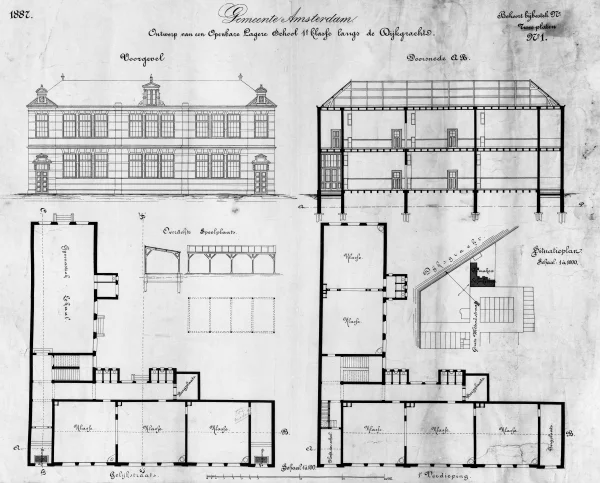 Afbeelding uit: 1887. "Ontwerp van een Openbare Lagere School 1ᵉ klasse langs de Dijksgracht"
Bron afbeelding: Stadsarchief.