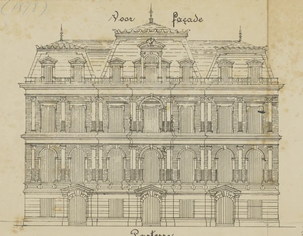 Afbeelding uit: 1878. Het ontwerp van de voorgevels van de drie huizen.