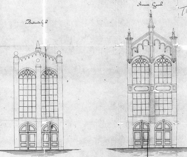 Afbeelding uit: 1881. Verbouwing 1881: links de oude voorgevel, rechts de nieuwe.
Bron afbeelding: SAA, bestand 5221BT901157.