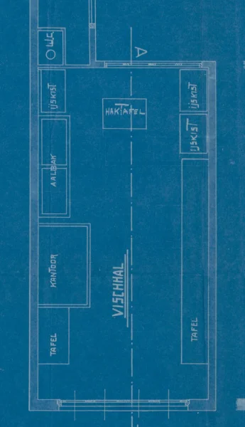 Afbeelding uit: 1916. Plattegrond van de vishal. Enkele tafels, kantoortje, twee aalbakken en drie vrieskisten.