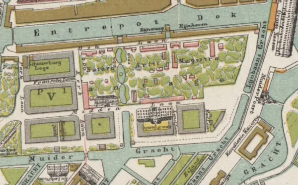 Afbeelding uit: 1877. Op deze uitsnede van de stadskaart van 1877 is het plein nog te zien waar niet veel later het aquarium gebouwd zou worden.
Bron afbeelding: SAA, bestand KOKA00501000001.