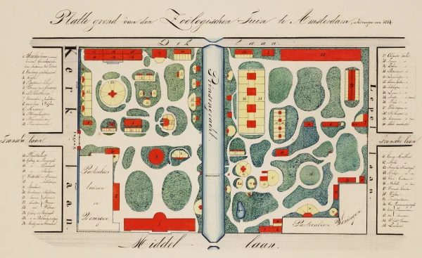 Afbeelding uit: 1854. "Plattegrond van den Zoölogischen Tuin te Amsterdam, in het voorjaar van 1854"
Bron afbeelding: SAA, bestand 010094000158.