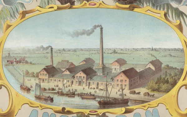 Afbeelding uit: circa 1870. Deze uitsnede van een affiche van de kaarsenfabriek toont het toenmalige fabriekscomplex. Collectie Stadsarchief Amsterdam.