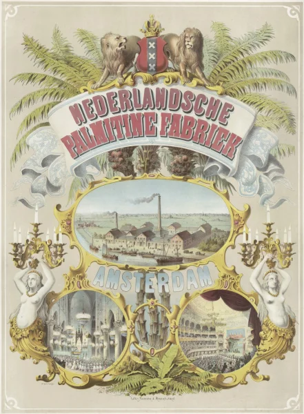 Afbeelding uit: circa 1870. Reclame-affiche van de kaarsenfabriek. Onderin: een kerk en een schouwburg, beide goed verlicht. Lithografie: Morriën & Armand, Amsterdam. Linksonder staat in het klein "om op te hangen".