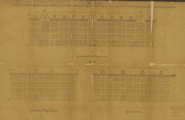 Afbeelding uit: 1886. Geveltekeningen: boven de Frederik Hendrikstraat, onder de 3e Hugo de Grootstraat en het plein.