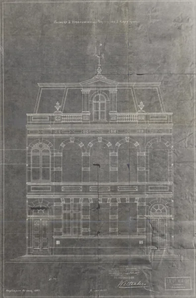 Afbeelding uit: 1887. Het ontwerp van de voorgevel. Met stempel van J.W. & G.W. Meijer.
