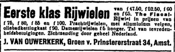 Afbeelding uit: mei 1911. Advertentie van de fietsenwinkel in Het Volk van 4 mei 1911.