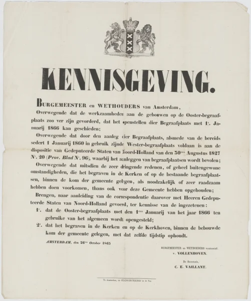 Afbeelding uit: oktober 1865. Kennisgeving uit 1865 waarin het stadsbestuur laat weten (eindelijk) te voldoen aan de wet van 1827. Het begraven in kerken wordt verboden.