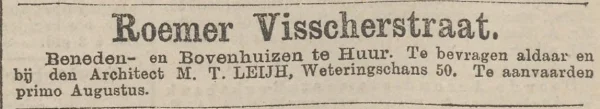 Afbeelding uit: juni 1893. Verhuuradvertentie in het Nieuws van den Dag van 16 juni 1893.