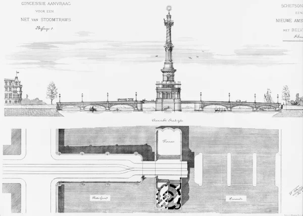 Afbeelding uit: november 1881. Het (niet uitgevoerde) ontwerp van Theodor Sanders, met 54 meter hoge uitkijktoren. Gepubliceerd in het Bouwkundig Weekblad van 12 januari 1882.