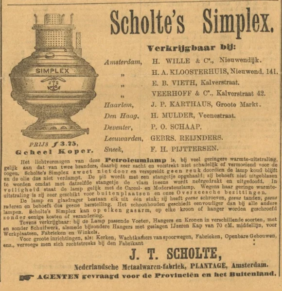 Afbeelding uit: mei 1887. Advertentie voor Scholtes petroleumlampen.