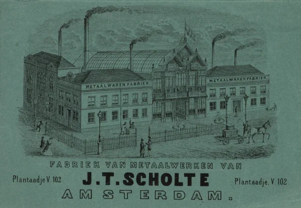 Afbeelding uit: circa 1870. De eerdere fabriek van Scholte, op de hoek Kerklaan (links) - Franselaan (nu Henri Polaklaan).
Bron afbeelding: SAA, bestand 010194001273.