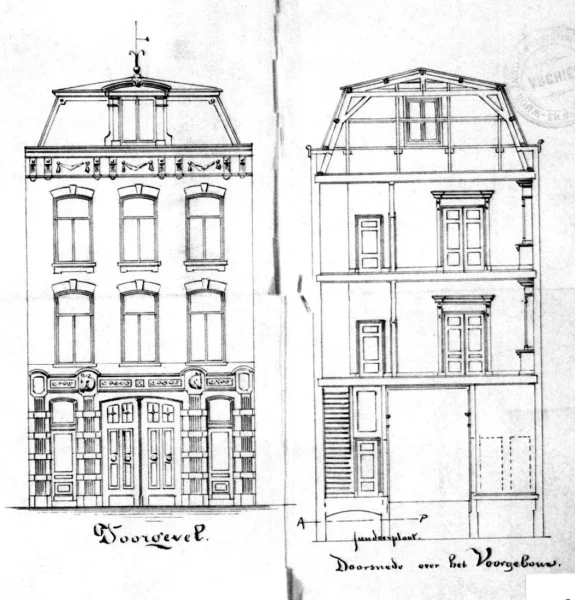 Afbeelding uit: 1879. De voorgevel en een doorsnede van het voorgebouw.
Bron afbeelding: SAA, bestand 5221BT902095.