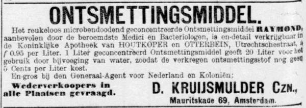 Afbeelding uit: november 1893. Advertentie van Kruijsmulder voor een ontsmettingsmiddel, in de Telegraaf van 1 november 1893.