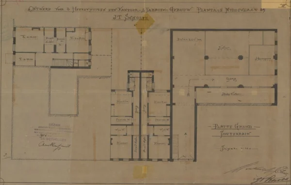 Afbeelding uit: 1885. Plattegrond van het complex van Scholte. Links is de Plantage Middenlaan, onder de Kerklaan.