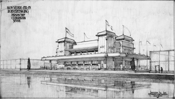 Afbeelding uit: 1921. Een van de nooit uitgevoerde ontwerpen van de gebroeders Baanders voor een clubgebouw van de zeilvereniging.
Bron afbeelding: SAA, bestand 291BTA923402.