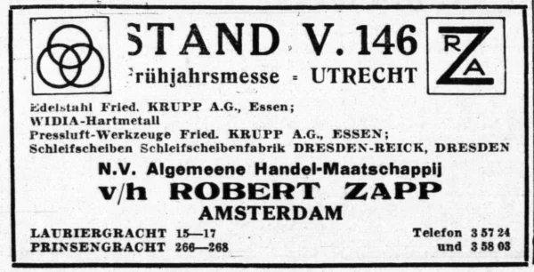 Afbeelding uit: maart 1941. Advertentie van Zapp over de stand op een beurs in Utrecht. Deutsche Zeitung in den Niederlanden, 11 maart 1941.