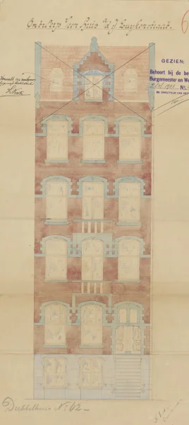 Afbeelding uit: 1901. "Ontwerp v/een huis a/d Jan Luykenstraat." Het werd later gewijzigd: er kwam een verdieping bij en de gevel werd afgerond met een puntgevel.