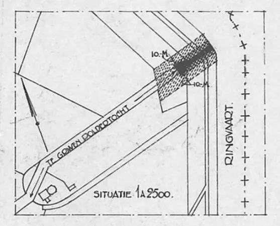 Afbeelding uit: 1925. Situatie. Linksonder de oude poldermolen.