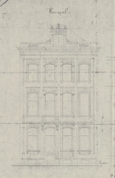 Afbeelding uit: 1869. De voorgevel van het oorspronkelijke pand, waarschijnlijk ontworpen door G.B. Salm.