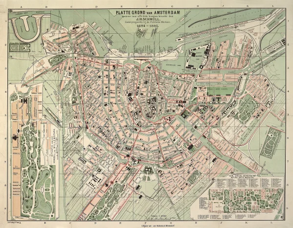 Afbeelding uit: 1895. Plattegrond van Amsterdam uit 1895, met in het rood alle tramlijnen van dat moment. Ook de stoomtramlijnen en het bootje van de tram naar Edam zijn aangegeven.
Bron afbeelding: SAA, bestand D10100000095.