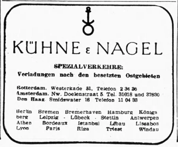 Afbeelding uit: september 1943. Advertentie van Kühne & Nagel in de 
Deutsche Zeitung in den Niederlanden van 26 september 1943.