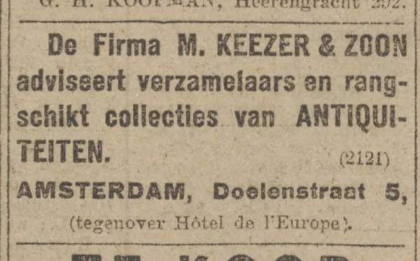 Afbeelding uit: januari 1916. Advertentie van Keezer in het Algemeen Handelsblad van 14 januari 1916.