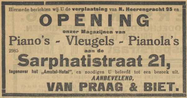 Afbeelding uit: september 1913. Verhuisbericht van Van Praag & Biet in het NIW van 5 september 1913.
