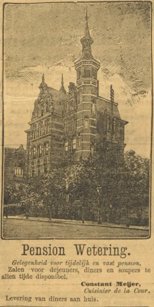 Afbeelding uit: juni 1898. Advertentie voor Pension Wetering in het Algemeen Handelsblad van 26 juni 1898. Uitbater was Constant Meijer, "Cuisinier de la Cour".