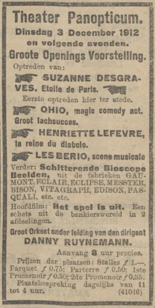 Afbeelding uit: december 1912. Advertentie voor de eerste voorstellingen in Theater Panopticum. Algemeen Handelsblad 2 december 1912.