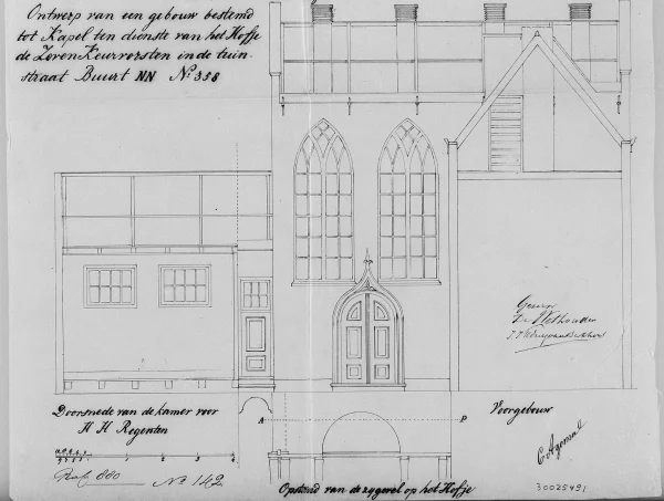 Afbeelding uit: 1860. De oostelijke zijgevel van de kapel.
Bron afbeelding: SAA, bestand 005220903444.