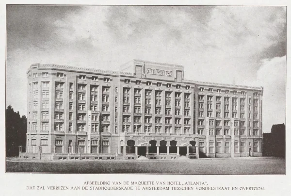 Afbeelding uit: 1920. Afbeelding uit 1920 van een maquette van het nooit gebouwde hotel Atlanta, Stadhouderskade. Ontwerp: Jacot & Zinsmeister.
