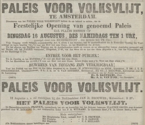 Afbeelding uit: augustus 1864. Advertentie voor de feestelijke opening van het Paleis in het Algemeen Handelsblad van 4 augustus 1864.