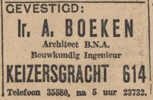 Afbeelding uit: november 1926. Advertentie in het Algemeen Handelsblad waarin Boeken meldt dat hij als architect gevestigd is.