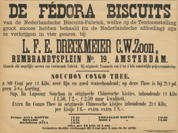 Afbeelding uit: mei 1883. Advertentie van een winkelier die de biscuits verkocht.
