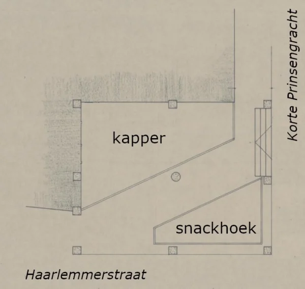 Afbeelding uit: september 2025. De oorspronkelijke situatie van de arcade en de winkels op de hoek.