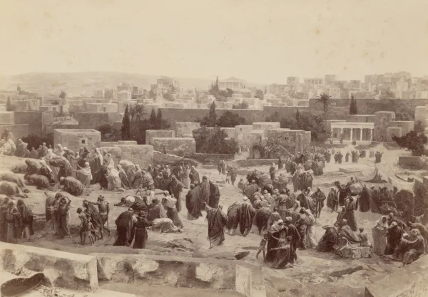 Afbeelding uit: circa 1893. Foto van een fragment van het door Brouwer geschilderde doek Jeruzalem en Golgotha / De kruisdood van Christus.
Bron afbeelding: Stadsarchief.