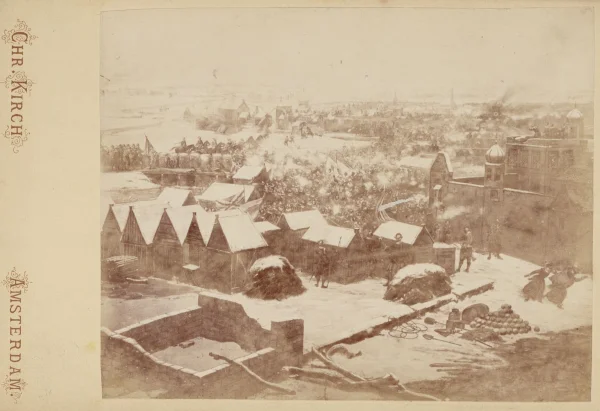 Afbeelding uit: 1881. Prentbriefkaart met daarop een deel van de oorspronkelijke versie van Het beleg van Haarlem.
Bron afbeelding: Stadsarchief.