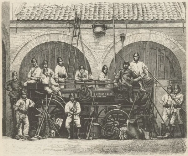 Afbeelding uit: 1875. Een wagen voor het vervoer van manschappen en gereedschap. Houtgravure gemaakt door R. Brend'amour naar een foto van D. Niekerk; gepubliceerd in Eigen Haard jrg. 1 nr 3, 1875.