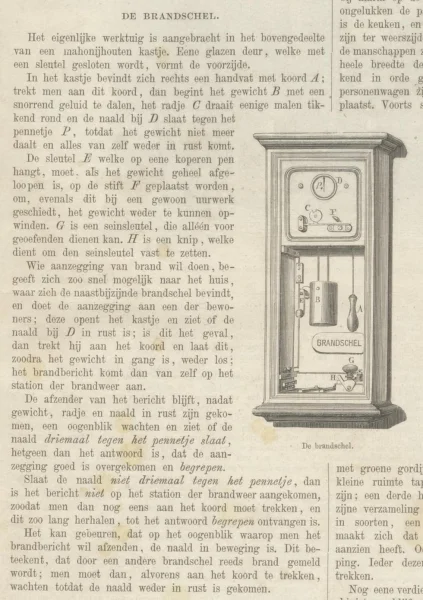 Afbeelding uit: 1875. Afbeelding van een brandschel, met uitleg over de werking. De melder moest eerst ergens de sleutel van het kastje halen, dan aan het koord trekken, en wachten op een ontvangstbevestiging. (In Eigen Haard jrg. 1 nr 2, 1875)