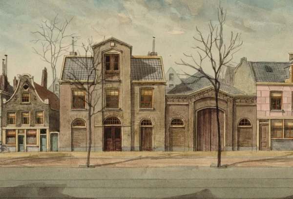 Afbeelding uit: 1905. In het midden de twee voorgangers van het huidige pand. (uitsnede van een tekening)
Bron afbeelding: SAA, bestand 010097001571.